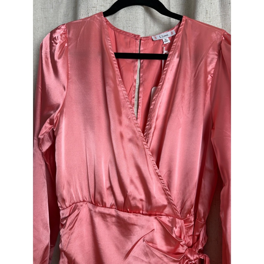L Love Coral Pink Satin Wrap Romper Long Sleeve V-Neck Ruching NWT Size M